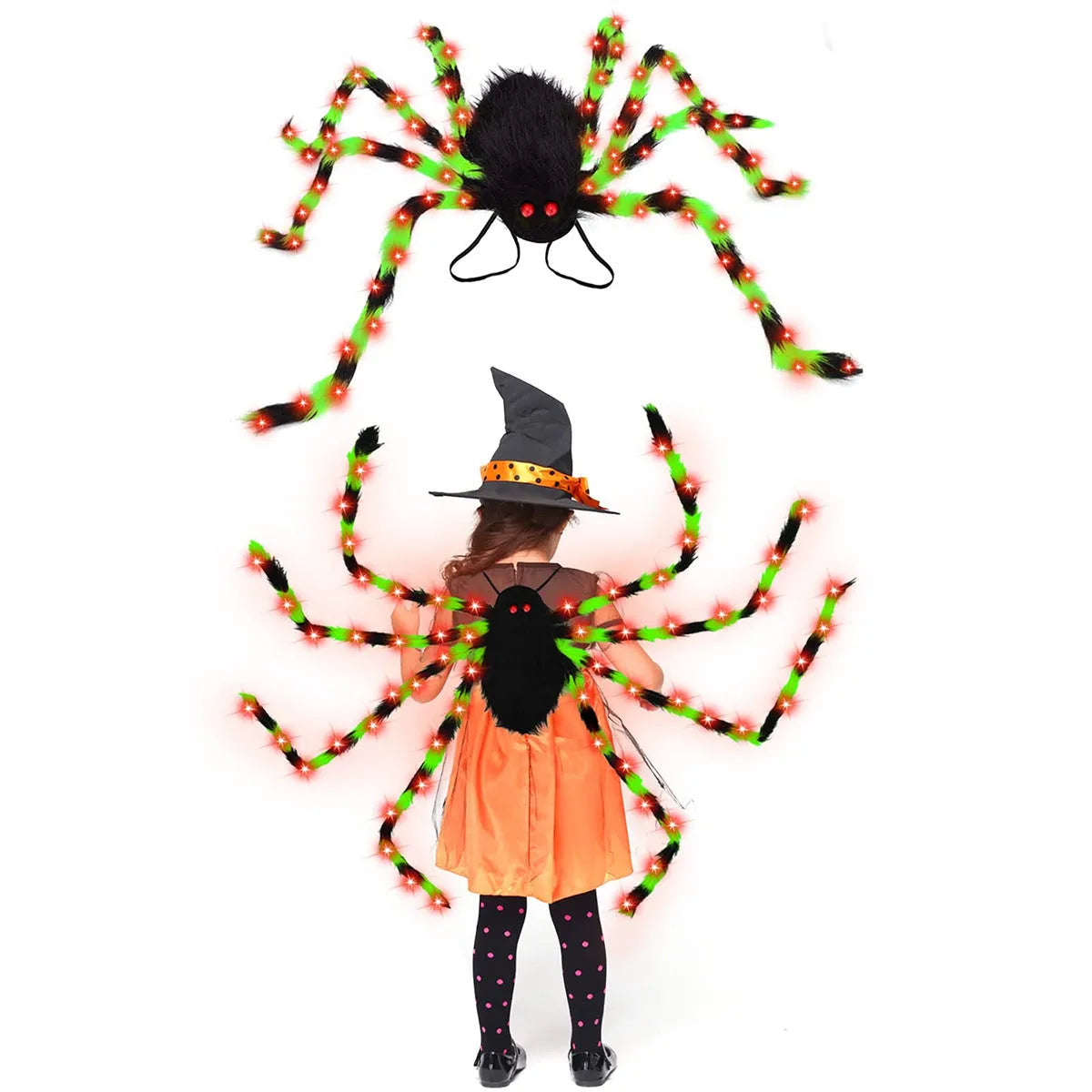 Halloween spider backpack with LED lighting in plush sugar bag design showing colour options
