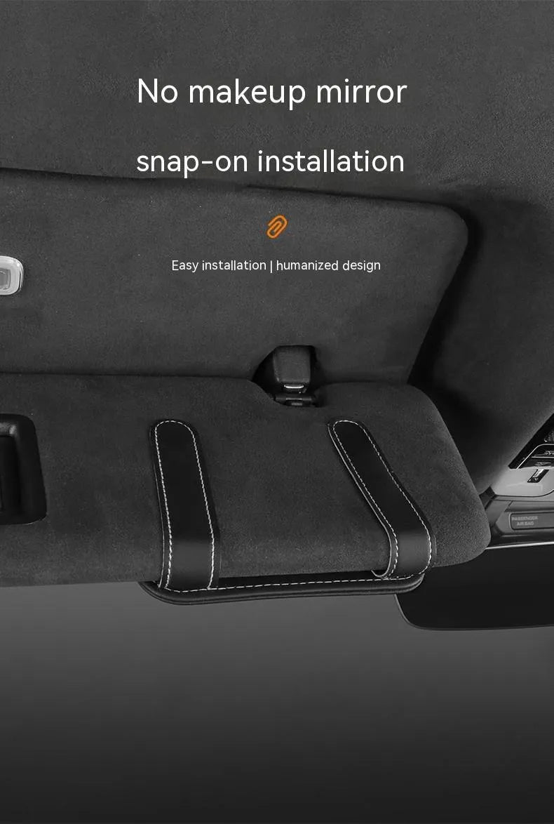 Genuine leather automotive sun visor card holder with sunglasses clip in snap-on installation
