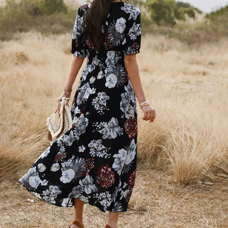 Women's floral print beach dress with v-neck and elastic waist in yellow colour