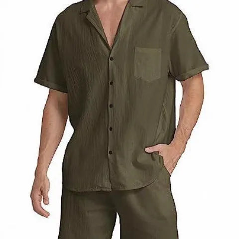 Men's flax linen short-sleeve top and shorts sports suit set on a hanger, shown in army green colour.