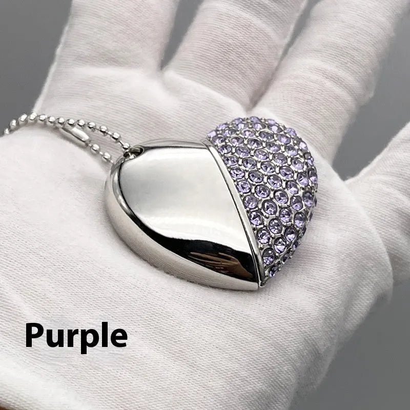 Blue brick pattern heart-shaped metal USB flash drive showing front design and USB connector