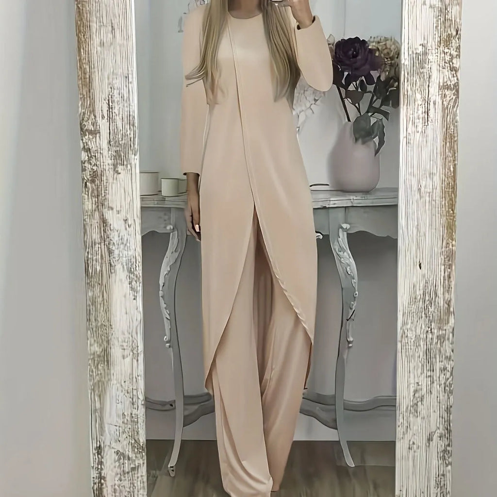 Women's black polyester long sleeve two-piece lounge set with loose fit round neck top and trousers