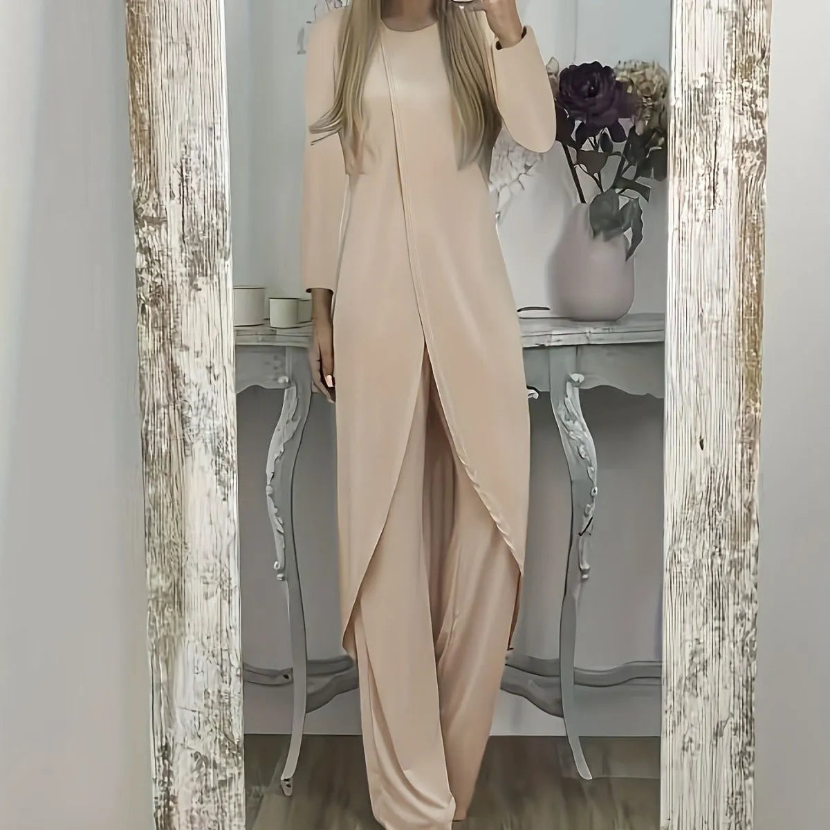 Women's black polyester long sleeve two-piece lounge set with loose fit round neck top and trousers