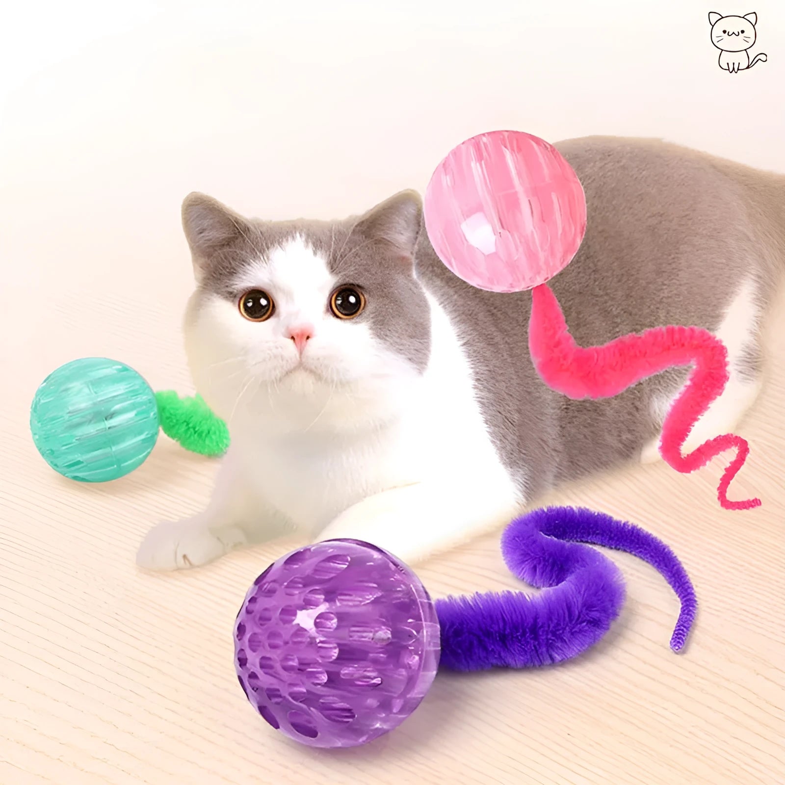 Interactive bouncy ball cat toy with worm tail in green, pink, or purple colours