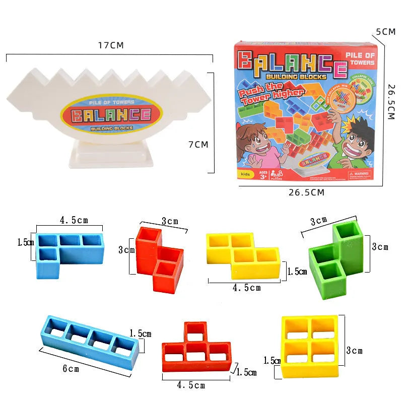 Plastic balance stacking board game with 16 colourful blocks on chassis and base
