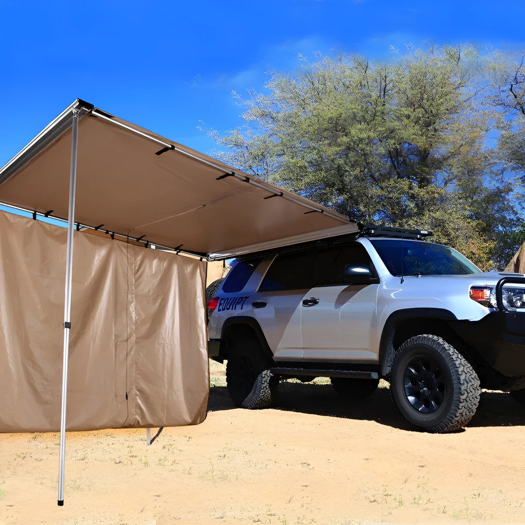 Black two-bedroom camping tent with aluminium alloy poles and Oxford cloth base erected outdoors.