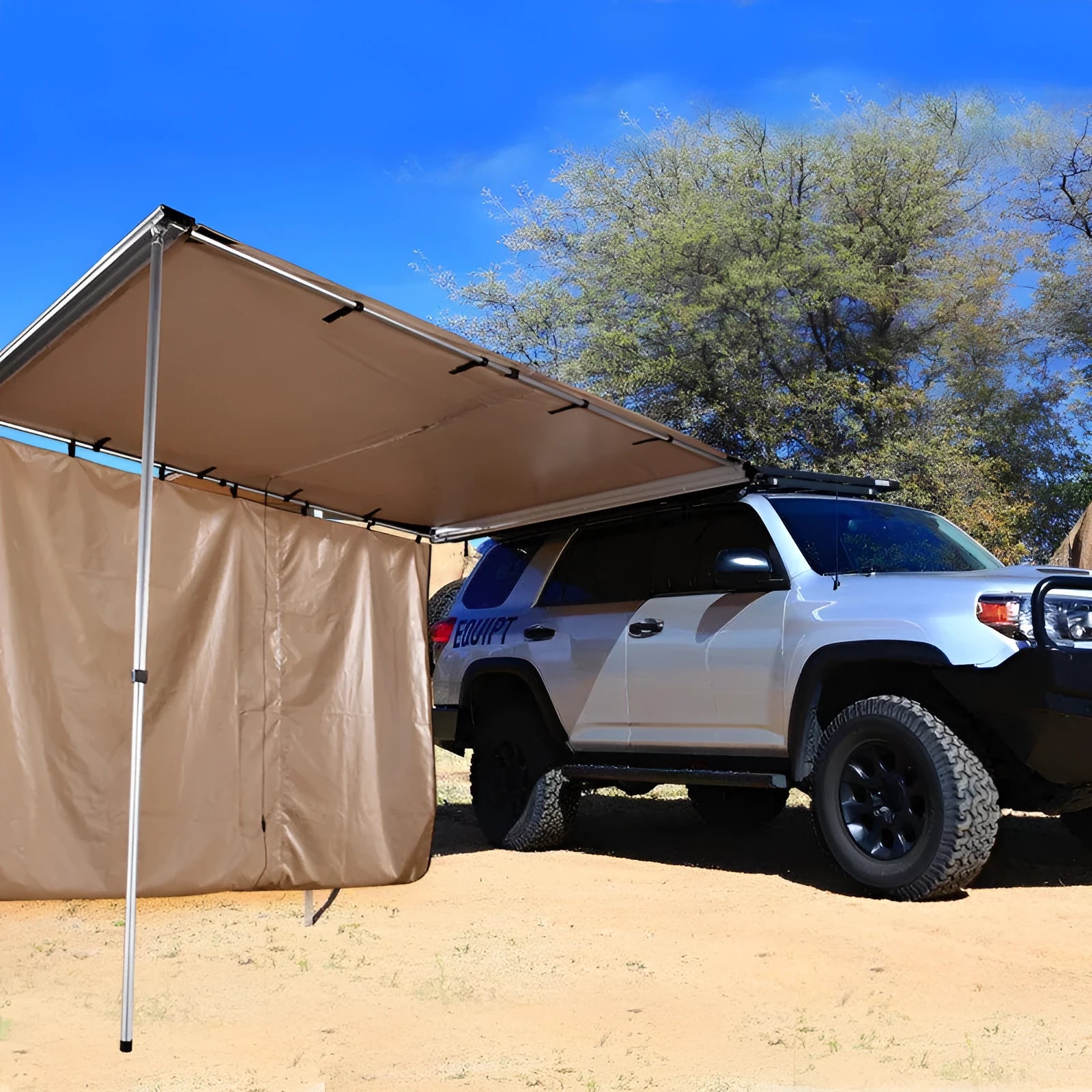 Black two-bedroom camping tent with aluminium alloy poles and Oxford cloth base erected outdoors.