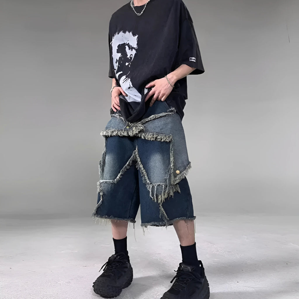 Blue denim shorts with frayed details and five-pointed star design, loose fit summer shorts