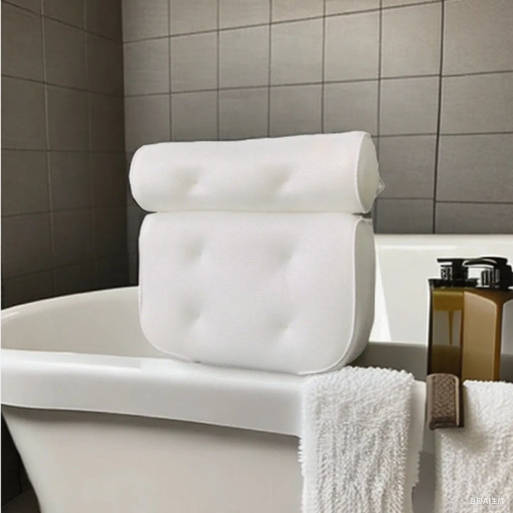 White bathtub pillow with 3D mesh material and suction cups for bathroom use