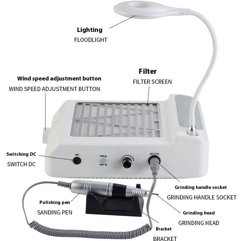 White multifunctional nail polishing machine with integrated vacuum cleaner system