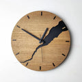 Modern wooden wall clock with creative crack design on a simple shell.