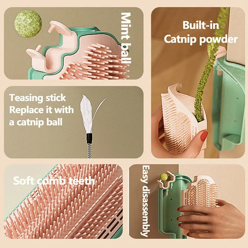 Compact cat rubbing toy with mint balls and feather attachments for scratching relief and sensory play