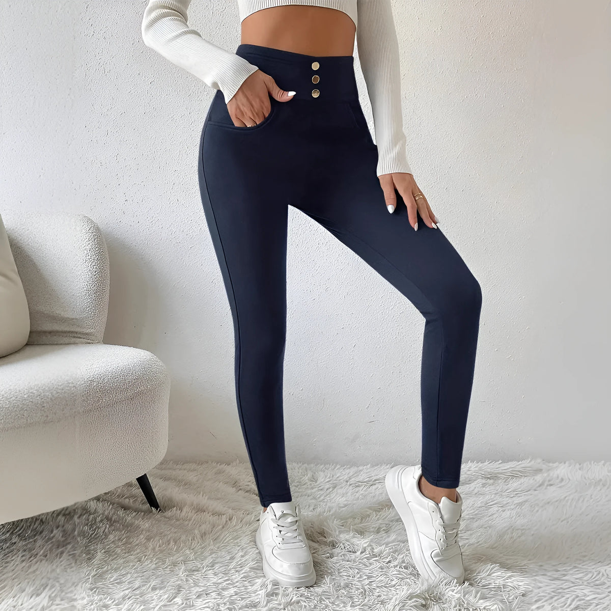 Navy blue women's casual trousers with high waist and straight leg fit