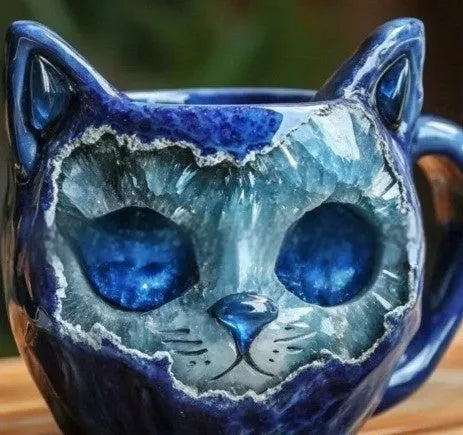 Pastel coloured geode resin mug with crystal texture and cat motif, shown in purple.