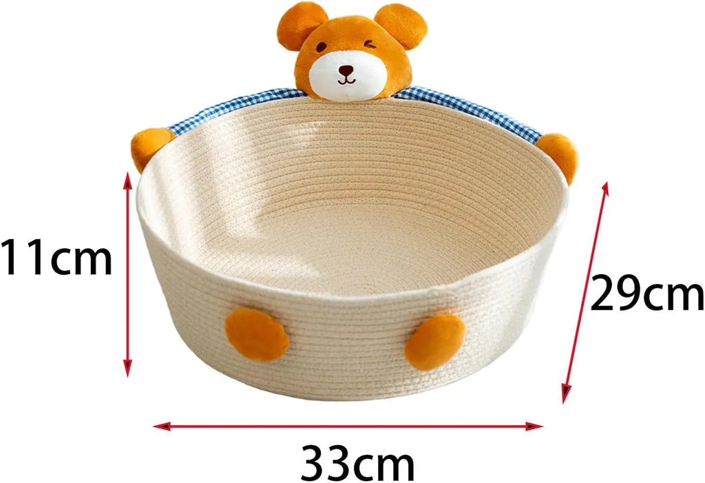 Woven cotton rope cat bed and scratcher basket in bear design, showing textured surface.