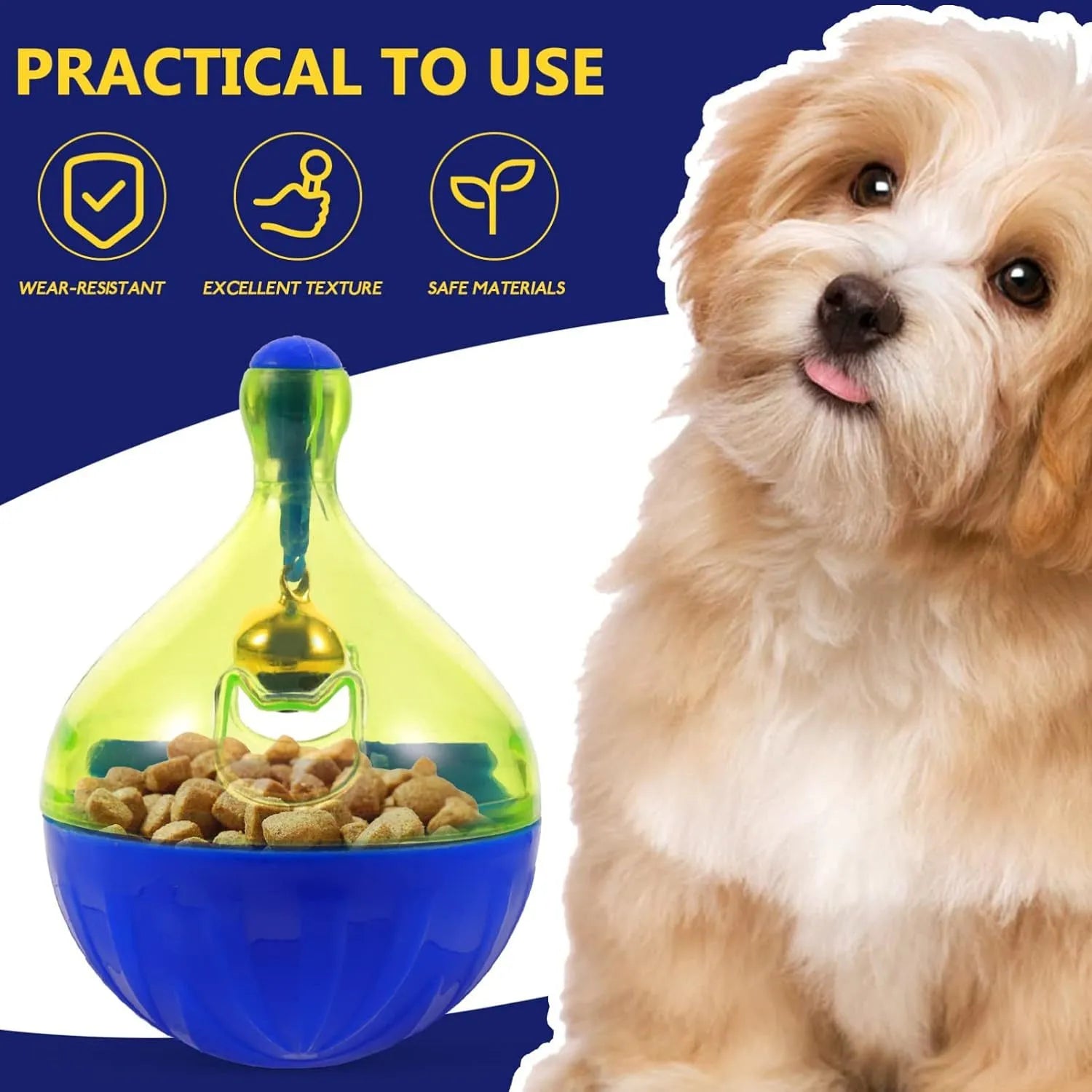 Interactive pet treat dispenser tumbler toy for dogs and cats showing dimensions