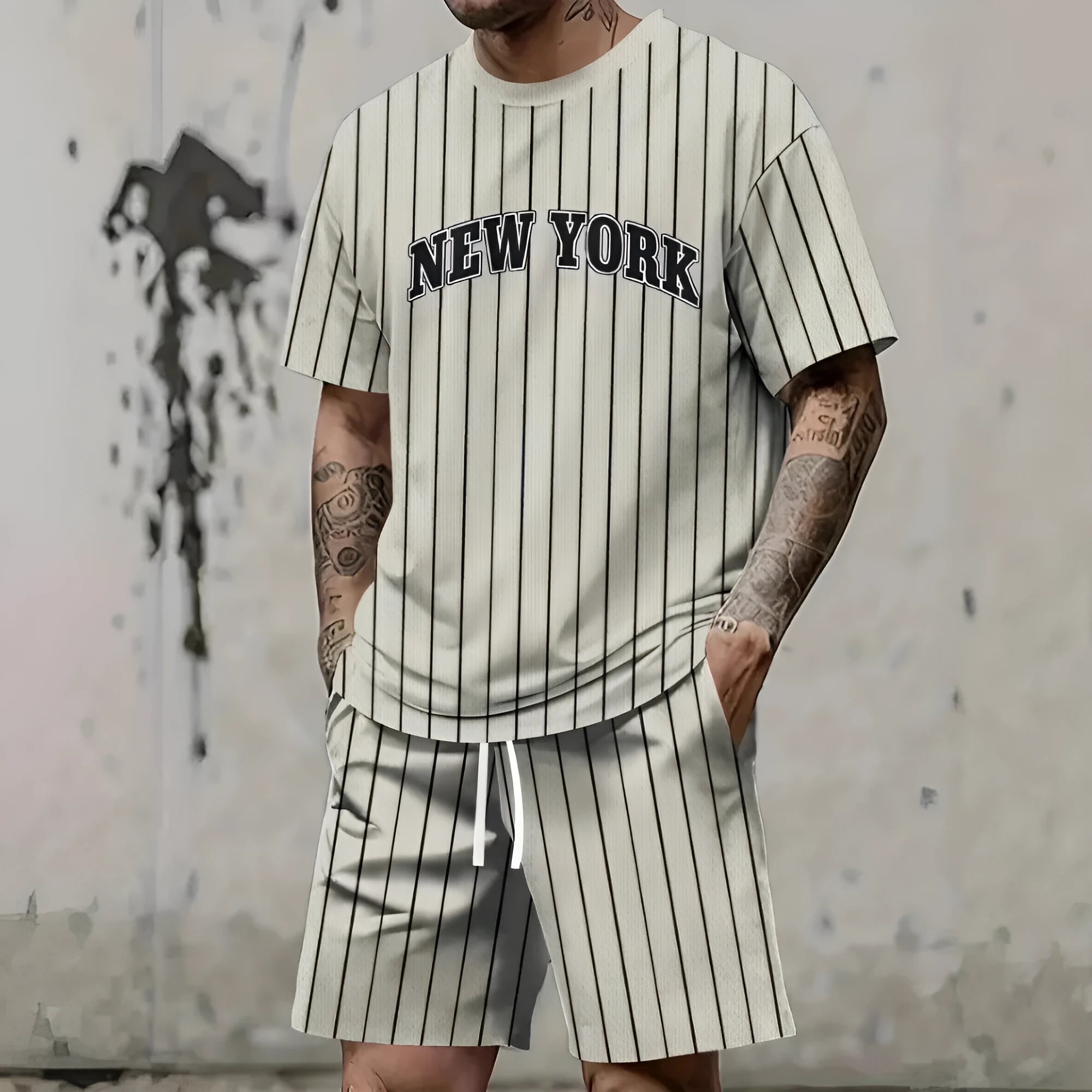 Man wearing a matching 3D printed letter design short sleeve top and shorts in a sportswear setting.