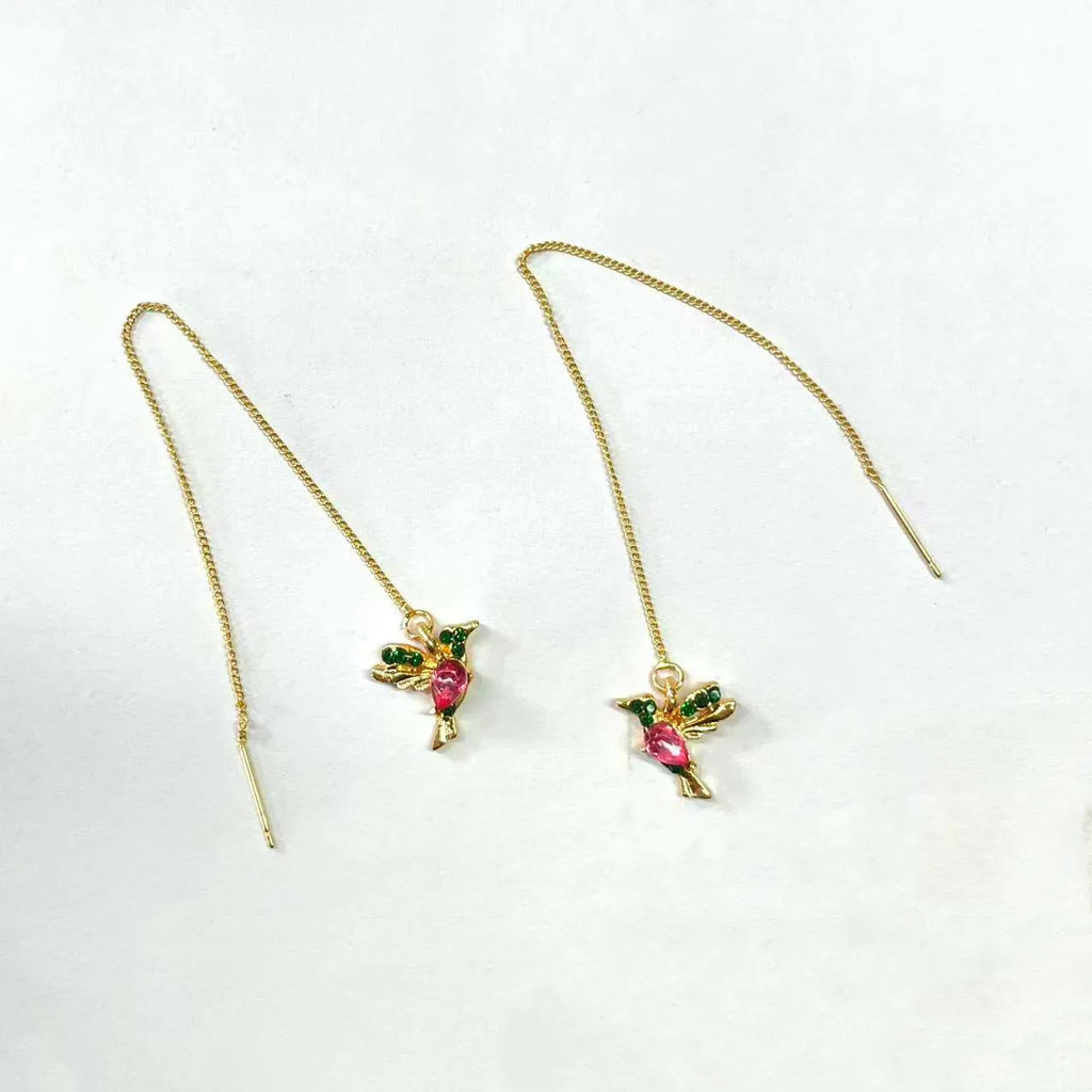 Personalised bird hanging long style earrings with zirconium wing detailing in red, blue, and red lvzuan colour options