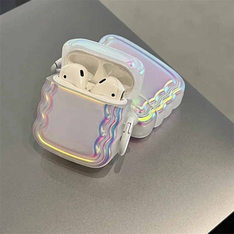 Silicone AirPod case with holographic laser design and metal ring for multiple AirPod models