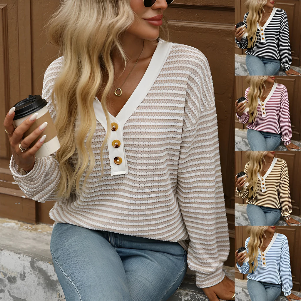 Women's loose fit apricot V-neck long sleeve pullover top with patchwork design detail on front.