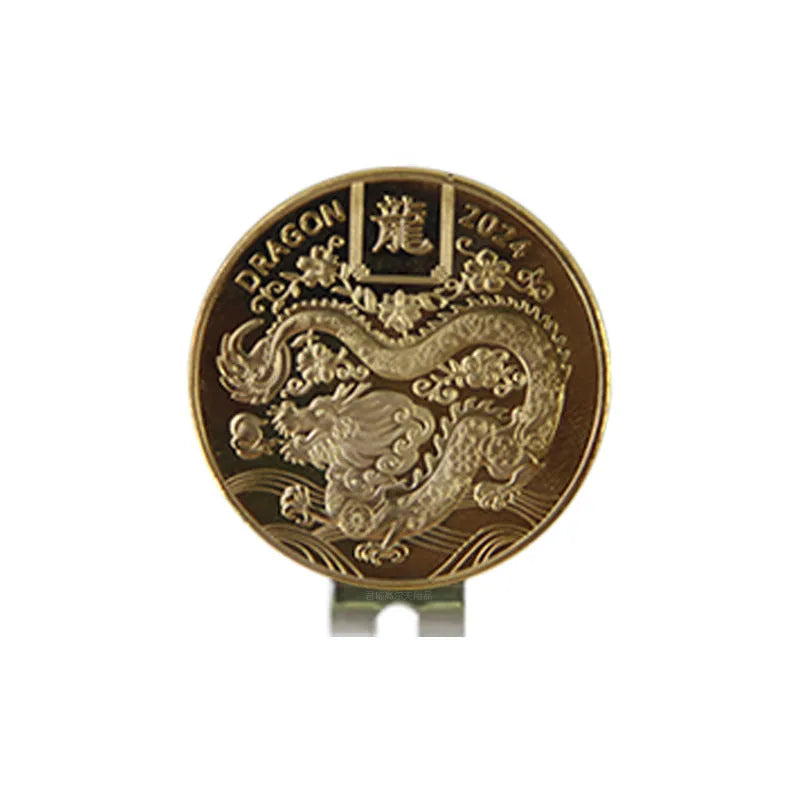 Close-up of a zinc alloy golf hat clip with a personalised Dragon Year stamped pattern.