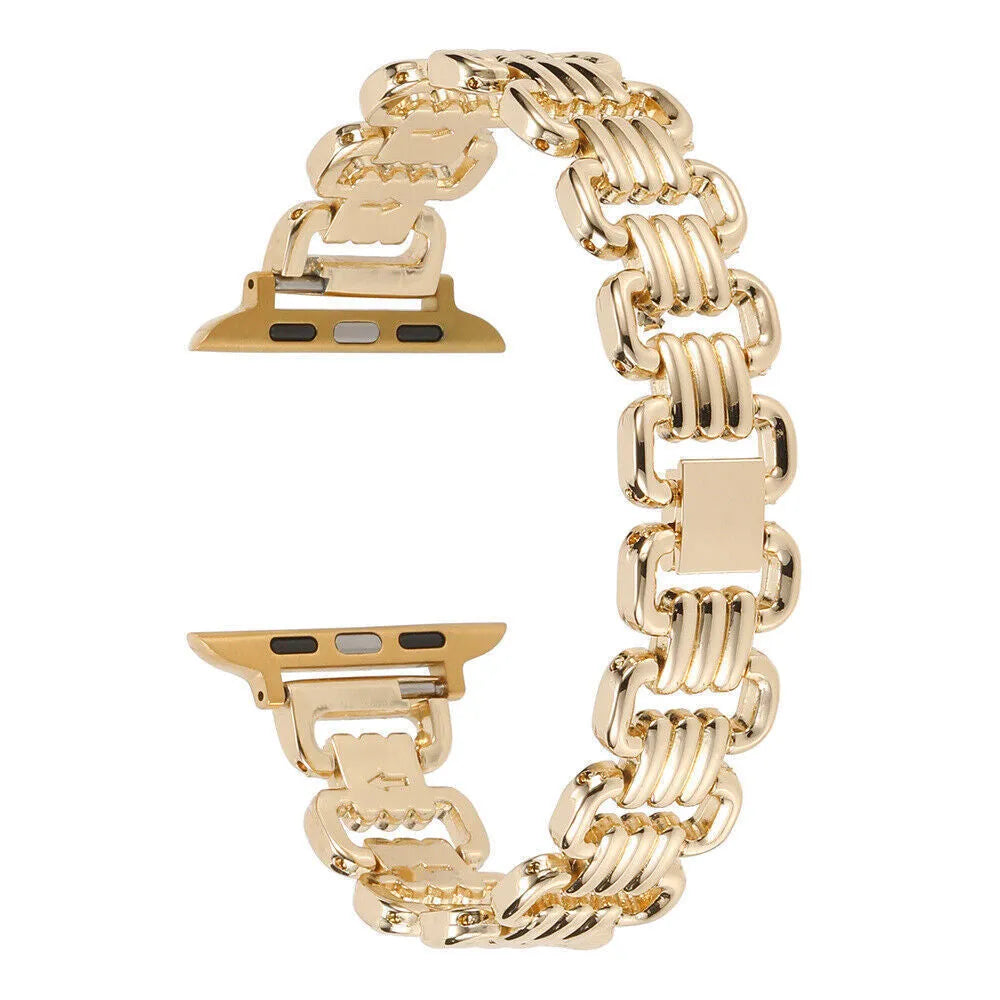 Silver alloy metal replacement bracelet for an Apple Watch, shown alongside black, gold, rose gold, and Starlight colour options.
