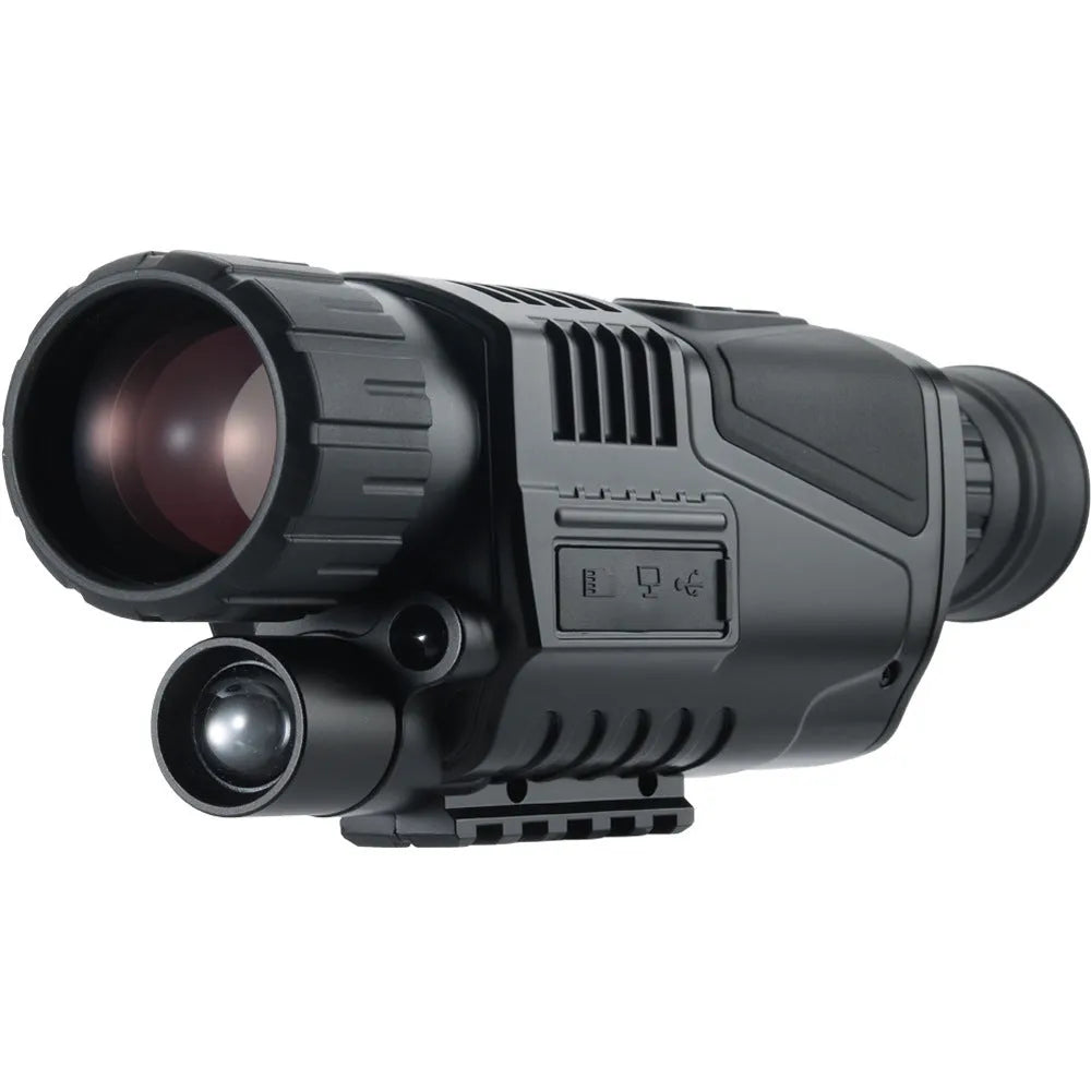 Black digital night vision telescope with 40mm lens, rubber-coated body, shown with storage bag and cables.