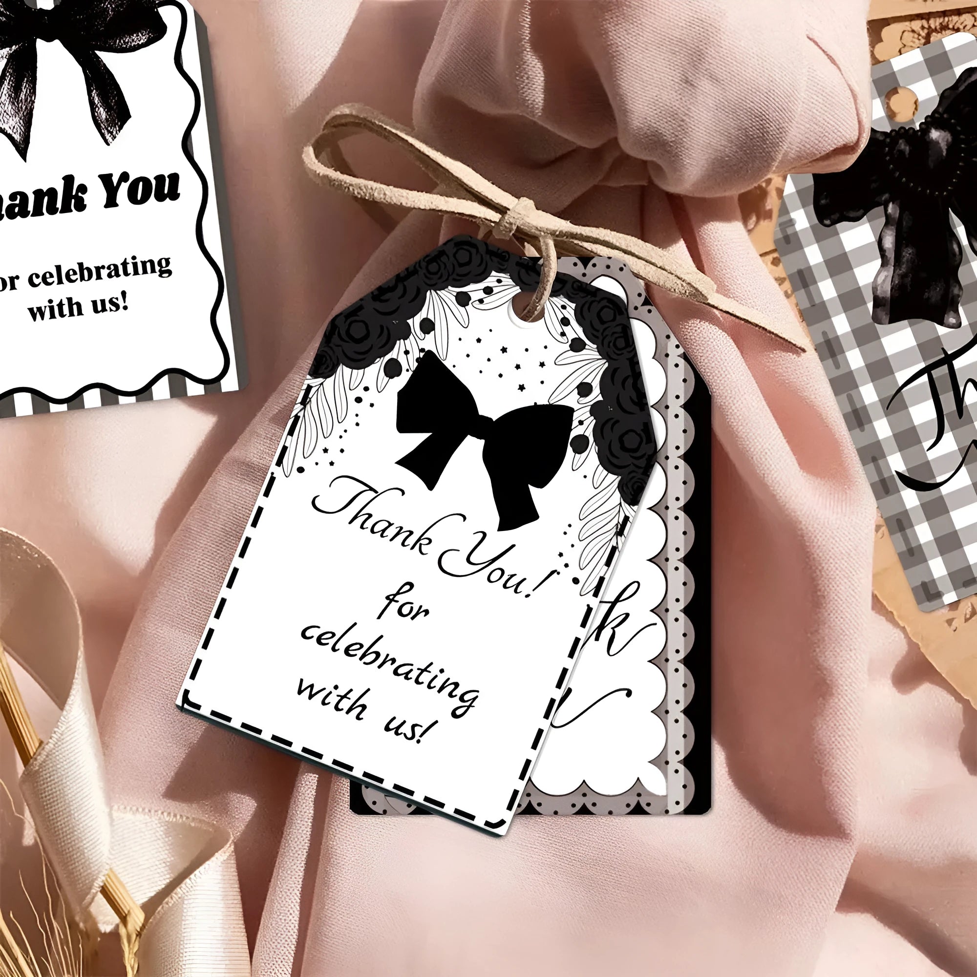 Sixty paper birthday gift tags with bowknot designs and natural hemp rope ties in three decorative styles.