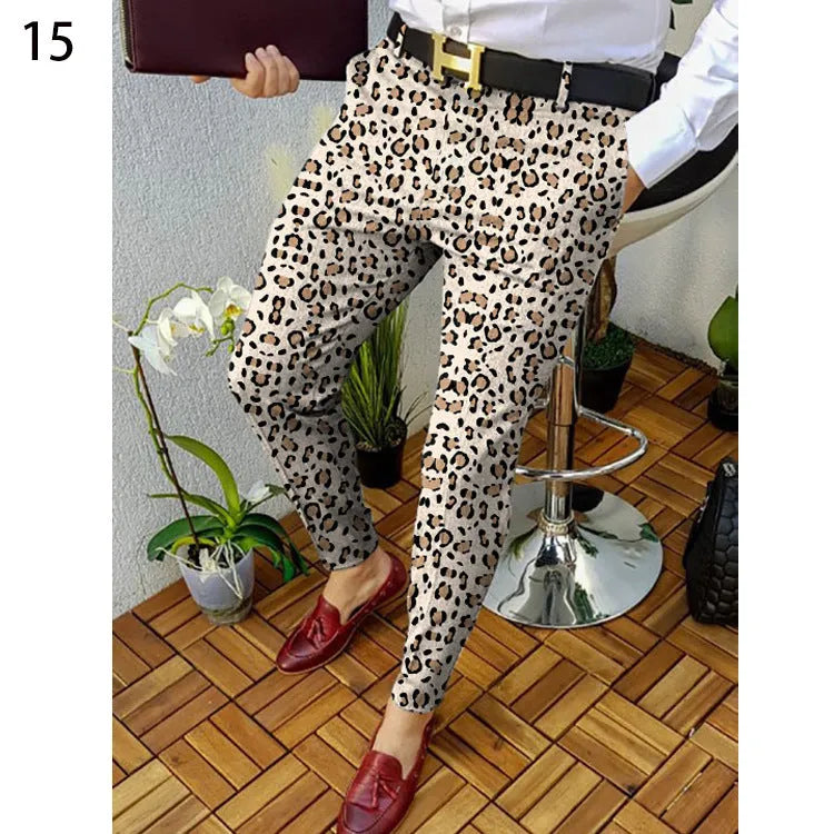 Men's 3D printed plaid casual trousers in straight-leg slim-fit style with micro-elastic fabric