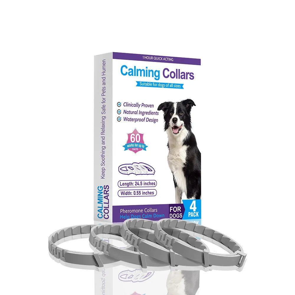 Set of four monochrome TPR dog anxiety soothing collars in Chinese style, 62cm length, available in black, blue, gray, orange, pink, and purple.