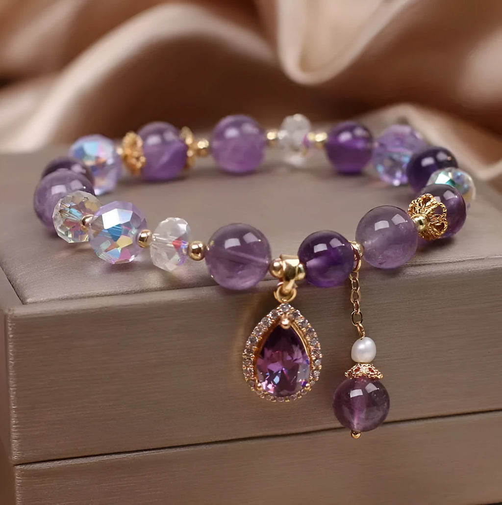 Purple natural amethyst crystal bracelet for women with micro inlay processing