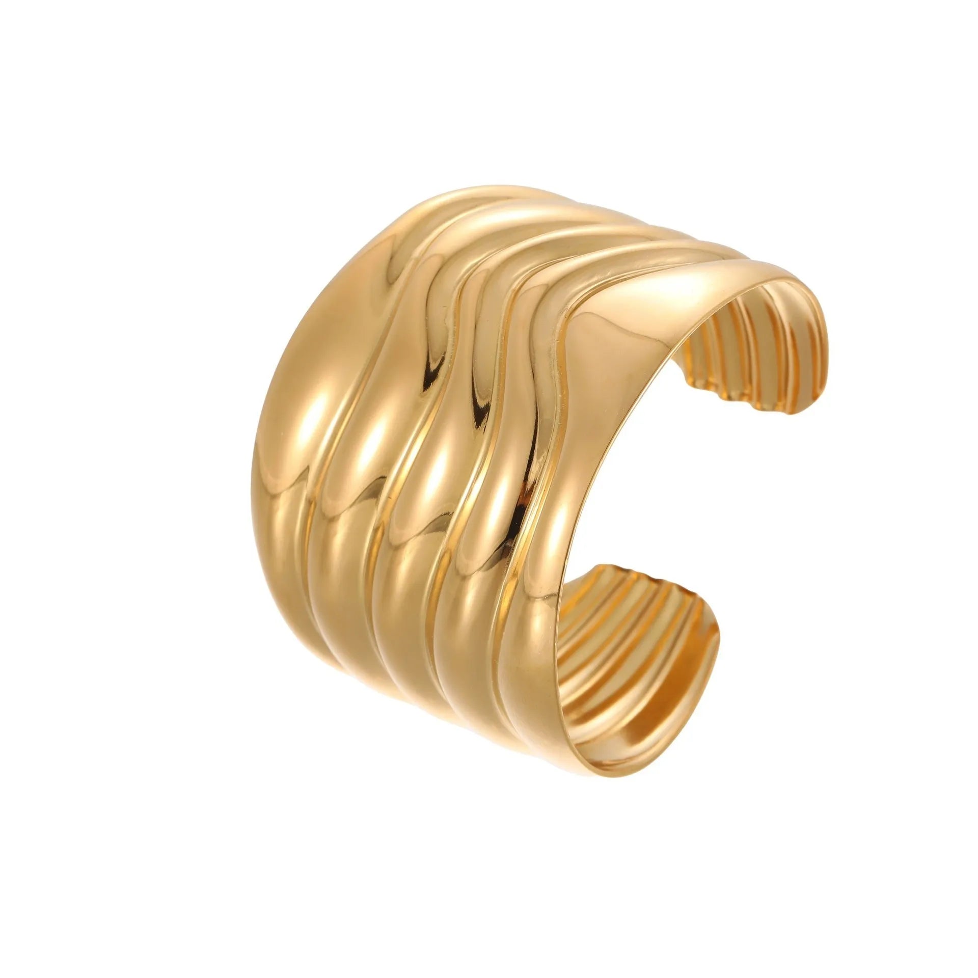 Gold plated stainless steel bracelet with exaggerated wide geometric wave design and asymmetric opening