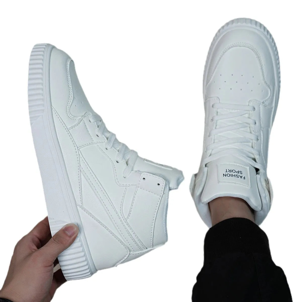 Men's white microfiber casual shoes with round toe design for autumn and winter leisure wear