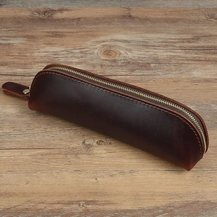 Genuine cowhide leather pencil case with zipper closure in square design measuring 18cm