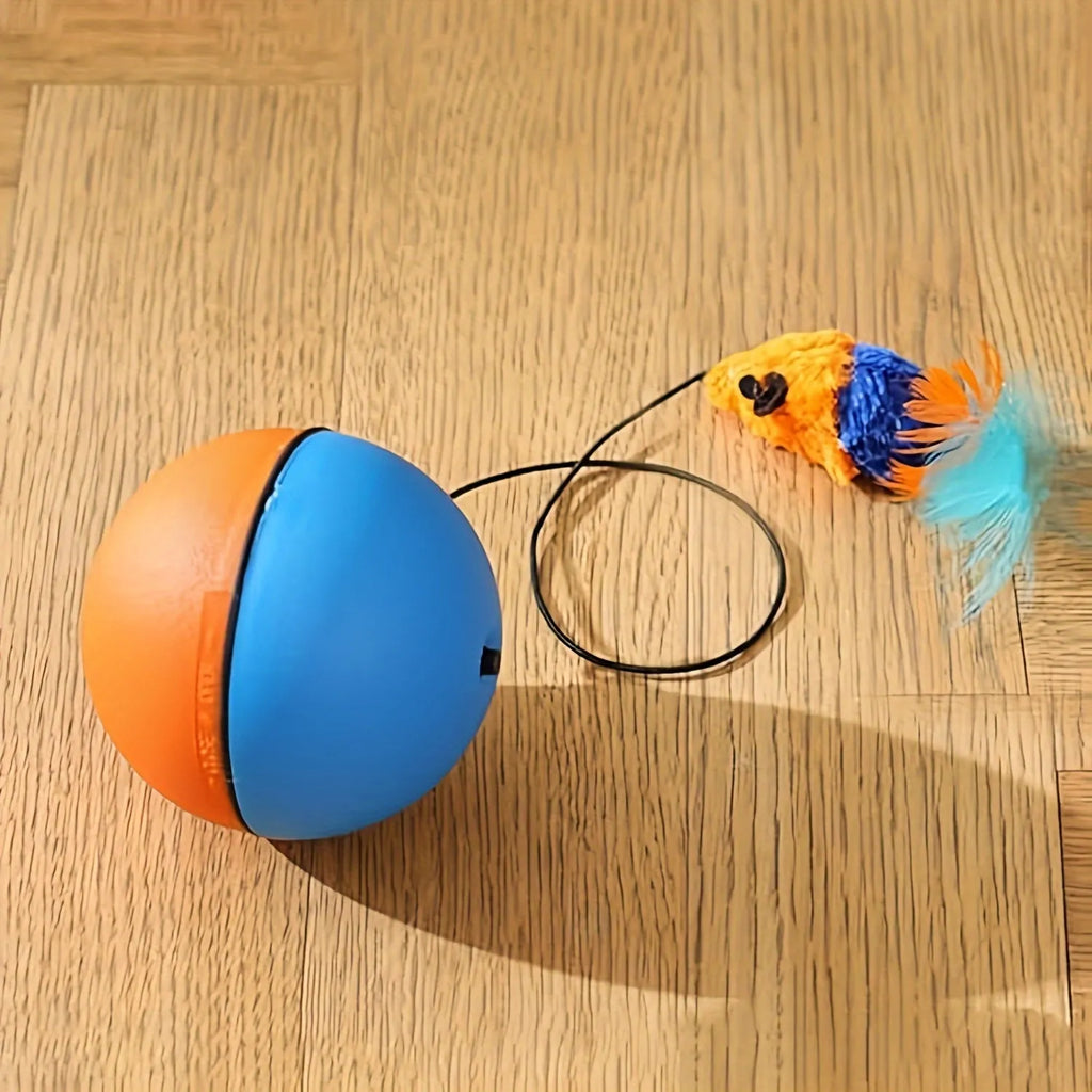 Blue and orange interactive cat toy ball with plush mouse attachment