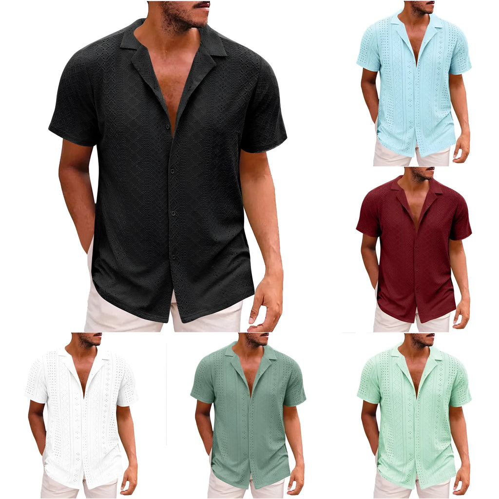 Men's breathable lightweight polyester casual shirt with lapel collar, regular fit, in white, black, wine red, grass green, light blue, purple, dark green.