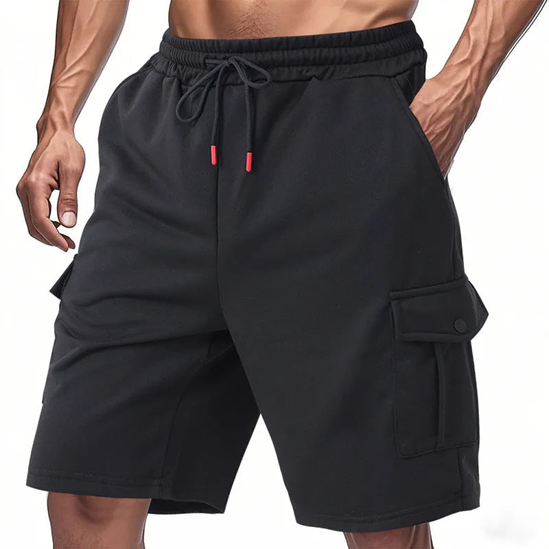 Men's loose sports cargo shorts in black with multi-pocket design and towel fabric texture for summer wear