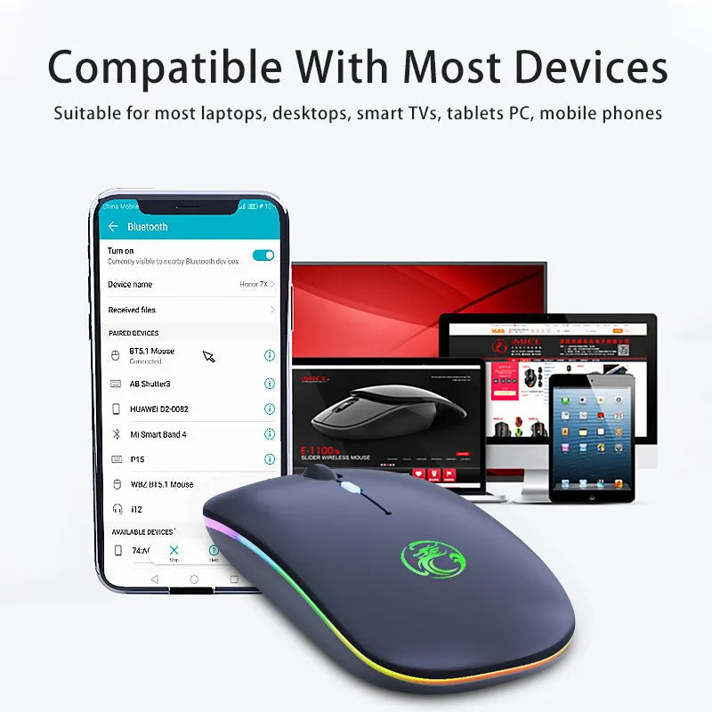 Luminous wireless silent mouse with dual-mode connectivity and rechargeable battery