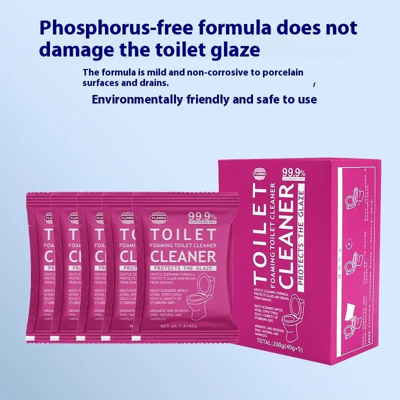Box and sachets of effervescent toilet bubble cleaning powder in blue ocean and pink floral fragrance options