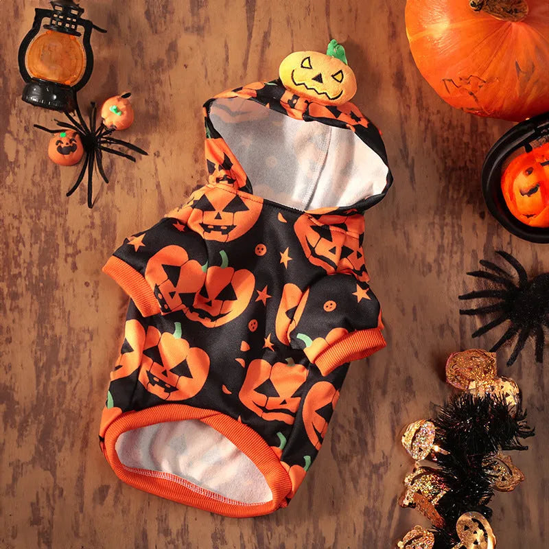 Halloween pumpkin skirt costume for small dog made from crystal velvet fabric with sizing tags