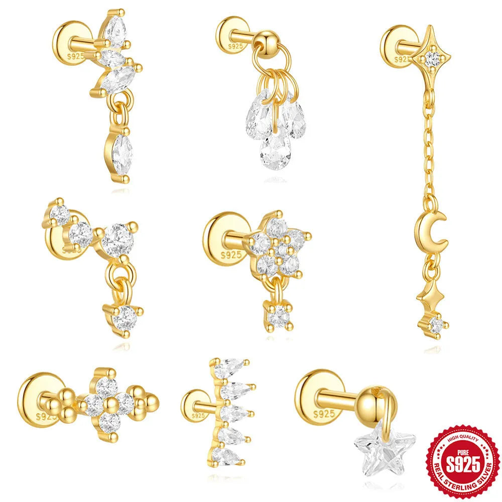 S925 sterling silver geometric moon earring with an embedded diamond star design in a gold colour finish.
