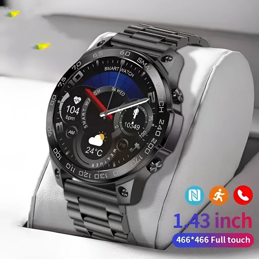 Bluetooth sports smartwatch with circular AMOLED screen showing fitness metrics on silicone strap
