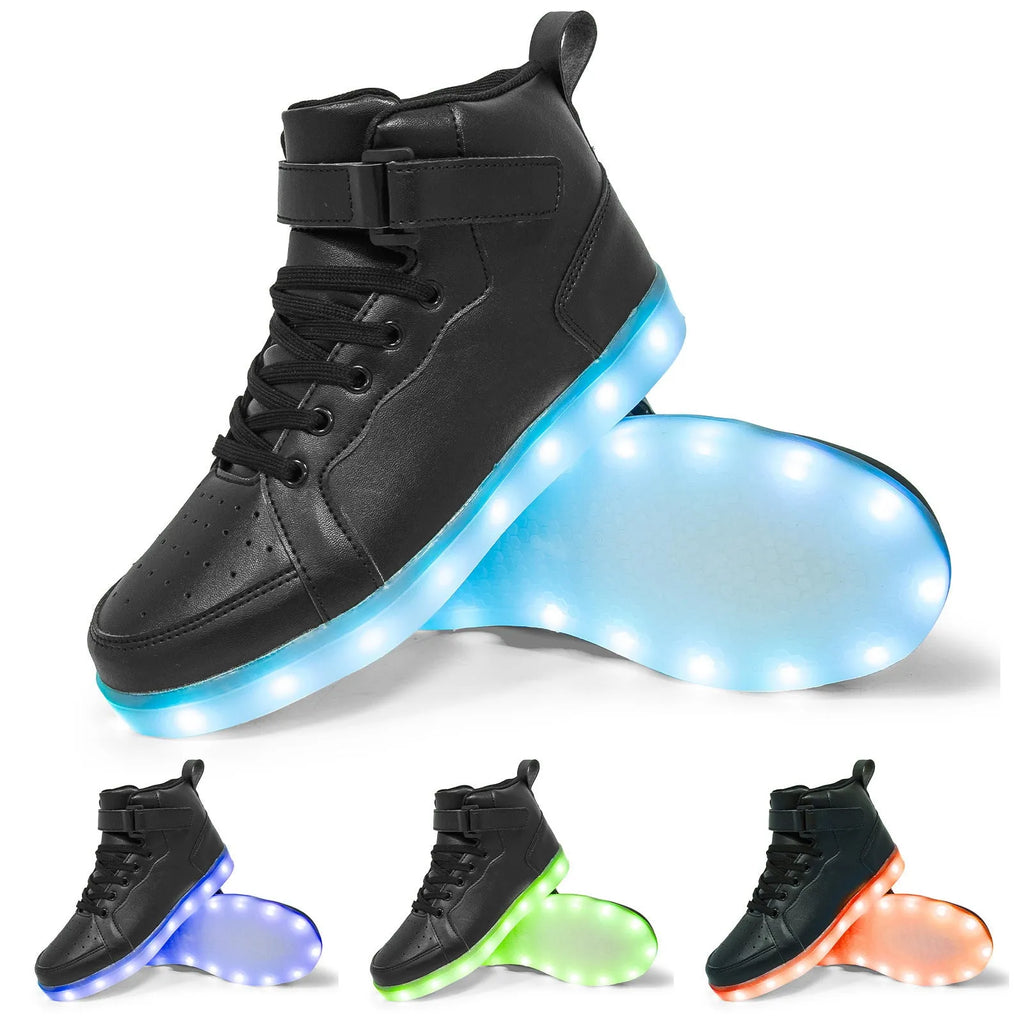 Pair of LED high-top board shoes with lights on, showing Velcro fastening and rubber sole.