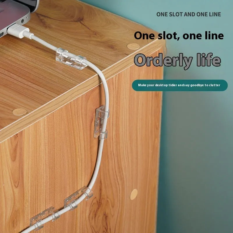 Transparent self-adhesive plastic cable clips in four different sizes for wire management.