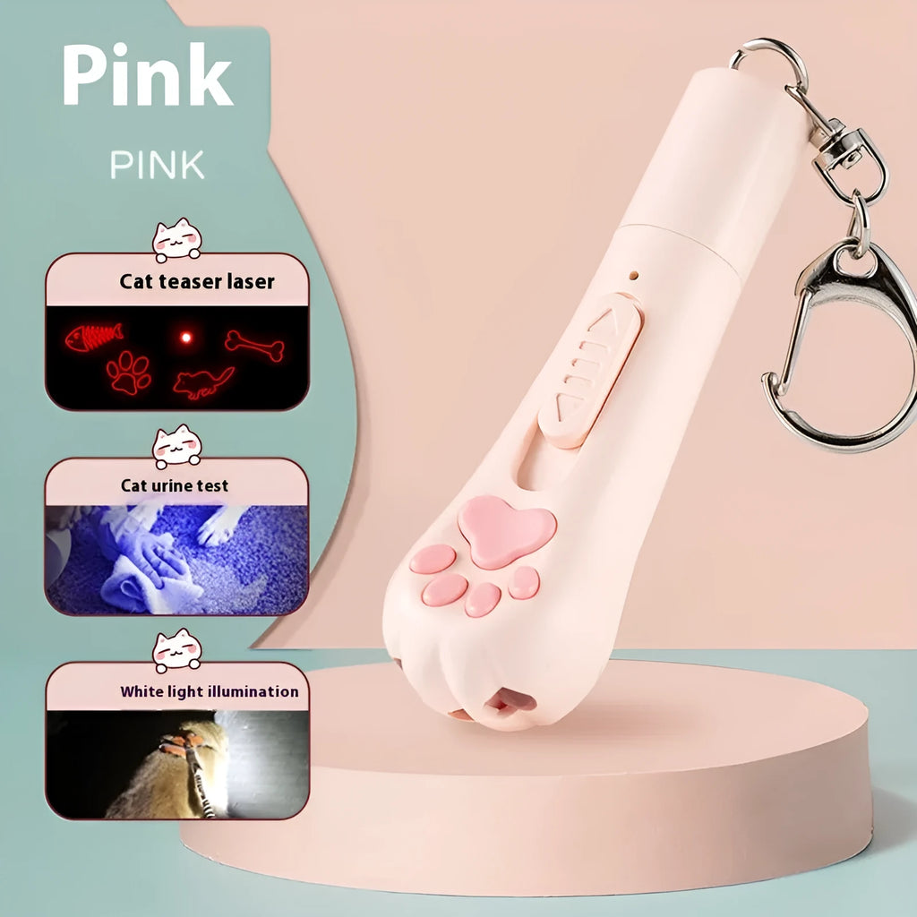 Cat teasing pen light toy with LED light in cream white, pink, or blue plastic