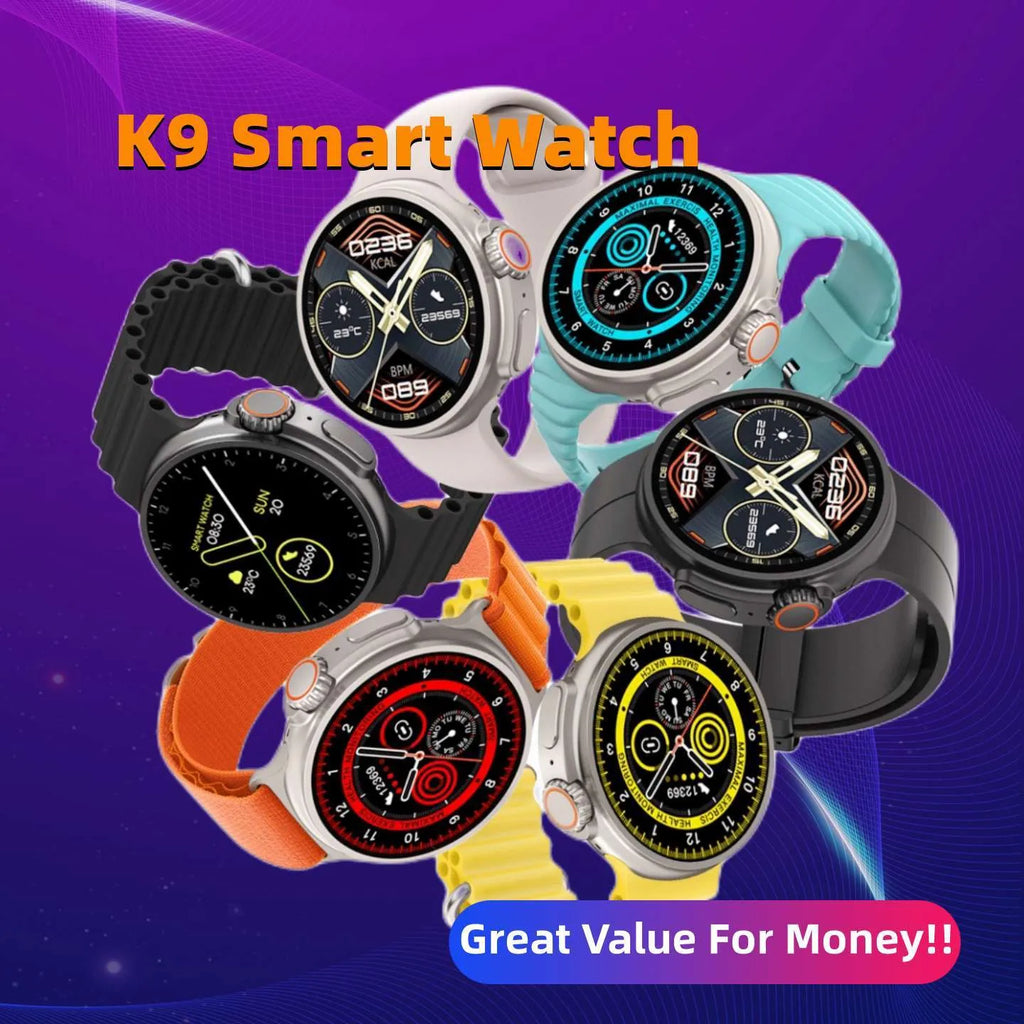 K9 smart watch with round screen on silicone strap showing health metrics and NFC payment function