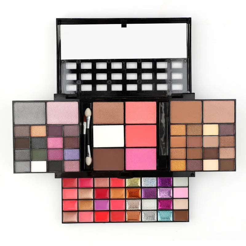74 colour makeup combination palette open showing eyeshadows, lip glosses, and brushes