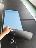 Blue conductive yoga mat with plants pattern, showing grounding wire and 182cm x 61cm x 5mm dimensions.