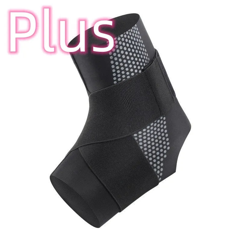Black Lycra ankle support brace shown on adult ankle with adjustable sizing tab visible