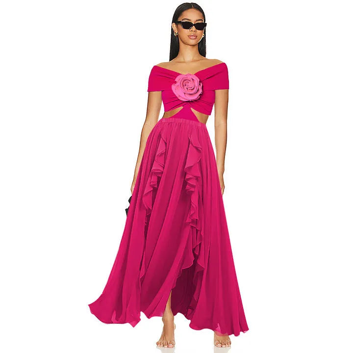 Women's polyester one-piece swimsuit set with matching skirt on hanger